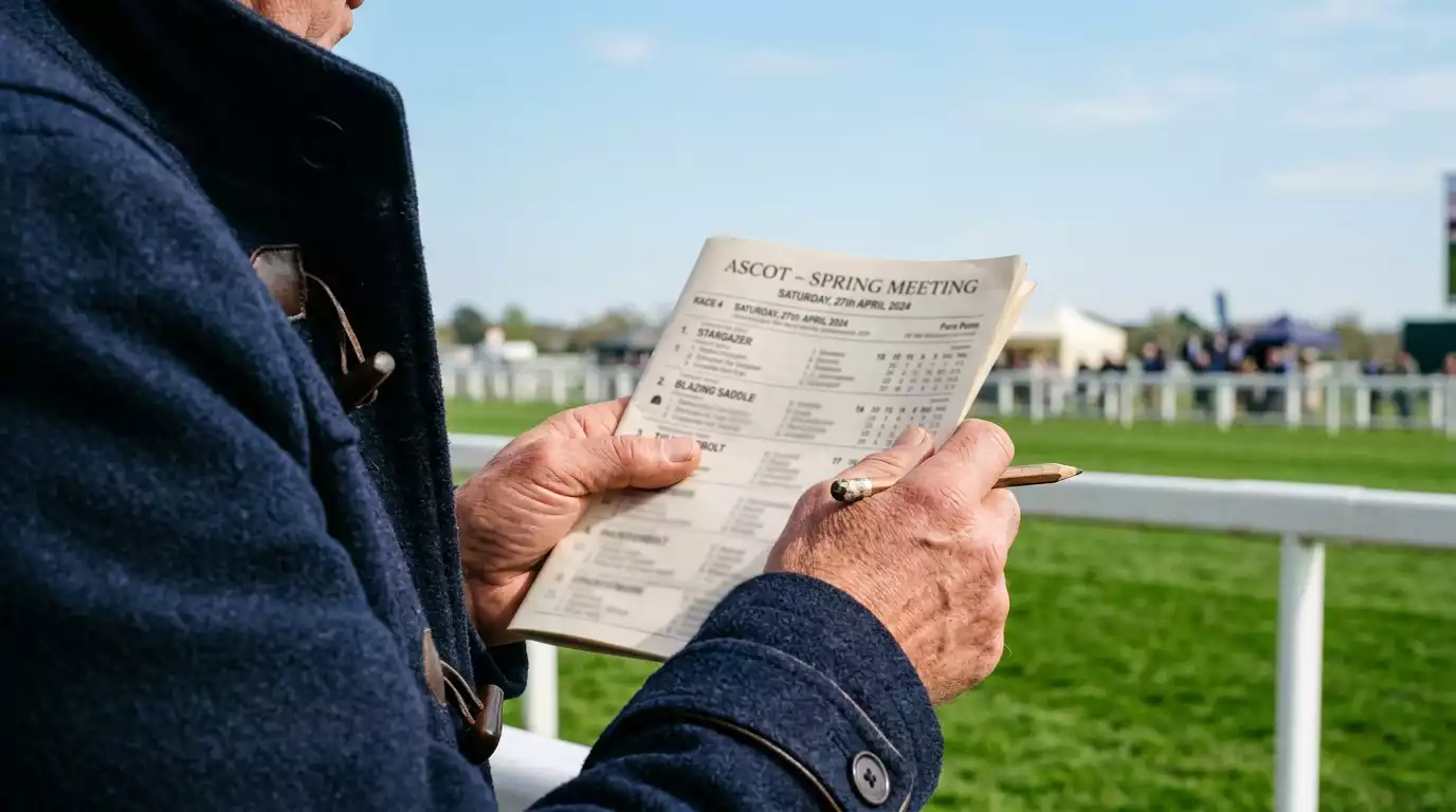 Horse racing bet types explained — punter studying a racecard and betting slip at a British racecourse