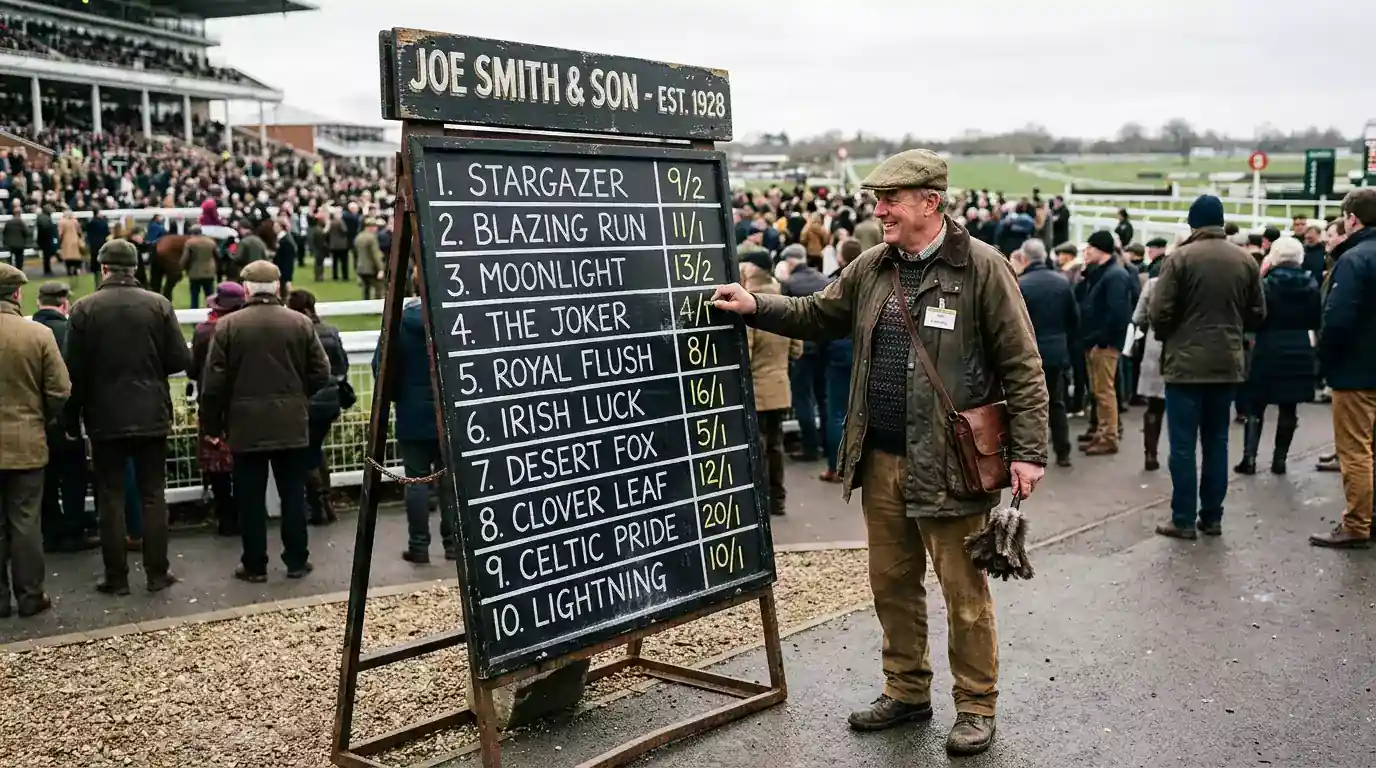 Horse racing odds displayed on a bookmaker board at a UK racecourse showing fractional and decimal prices