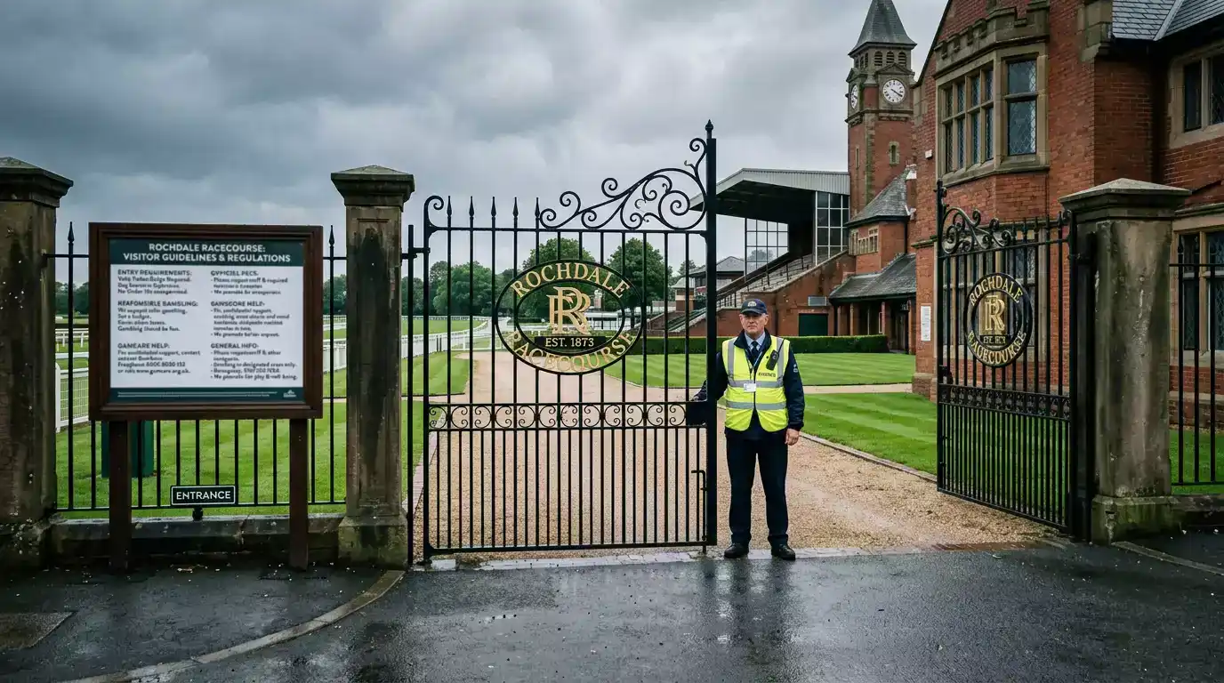 UK Gambling Commission regulatory framework document and licensed bookmaker signage at a British racecourse